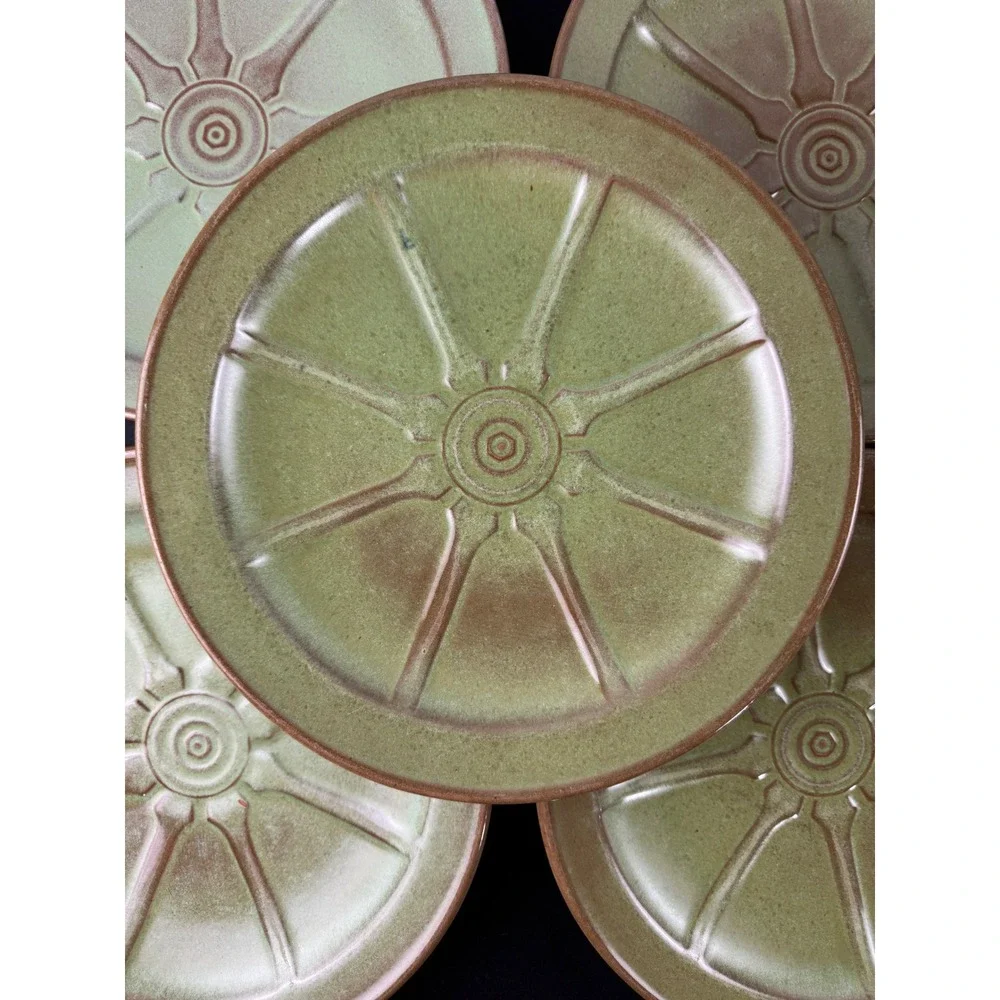 Set of 5 Vintage Green Stoneware Salad Plates Wagon Wheel Sunburst Embossed 8